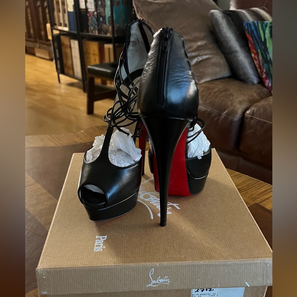 Christian Louboutin Black Peep-Toe Heels with Red Sole